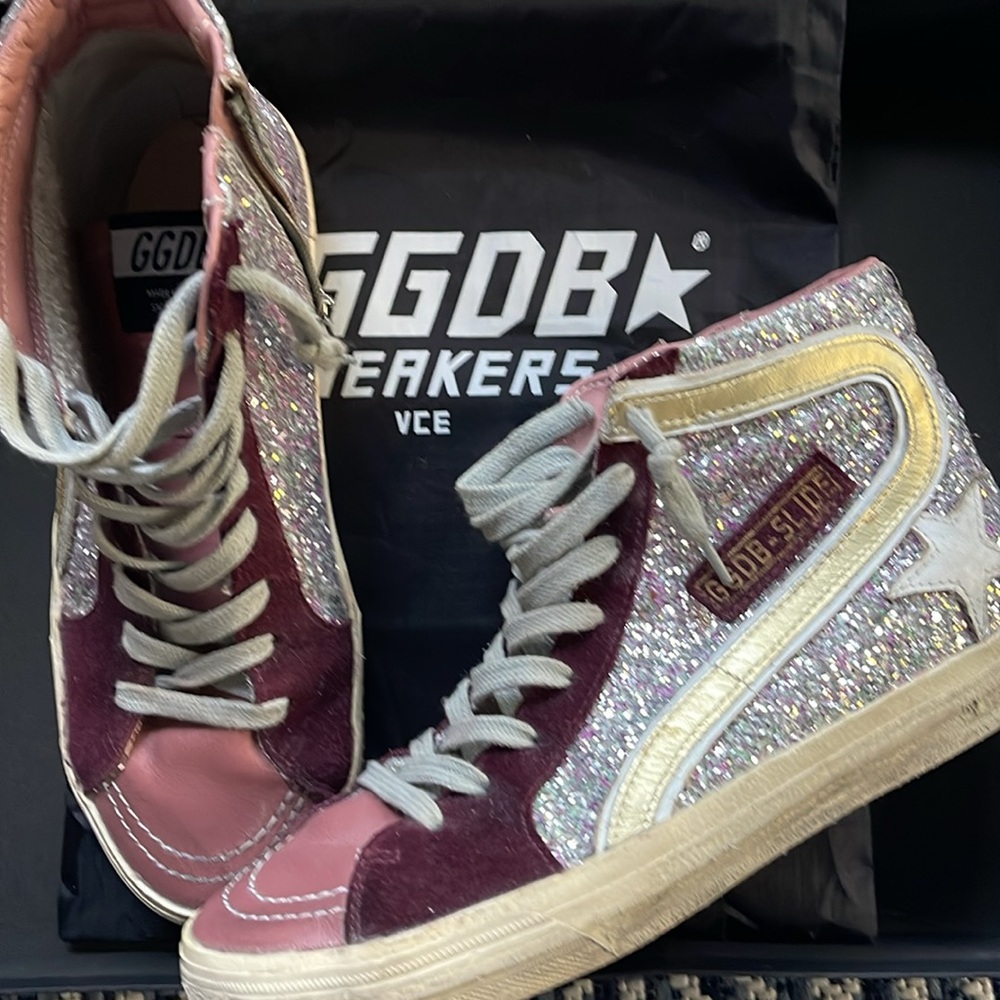 Golden Goose Pink and Burgundy Glitter Sneakers